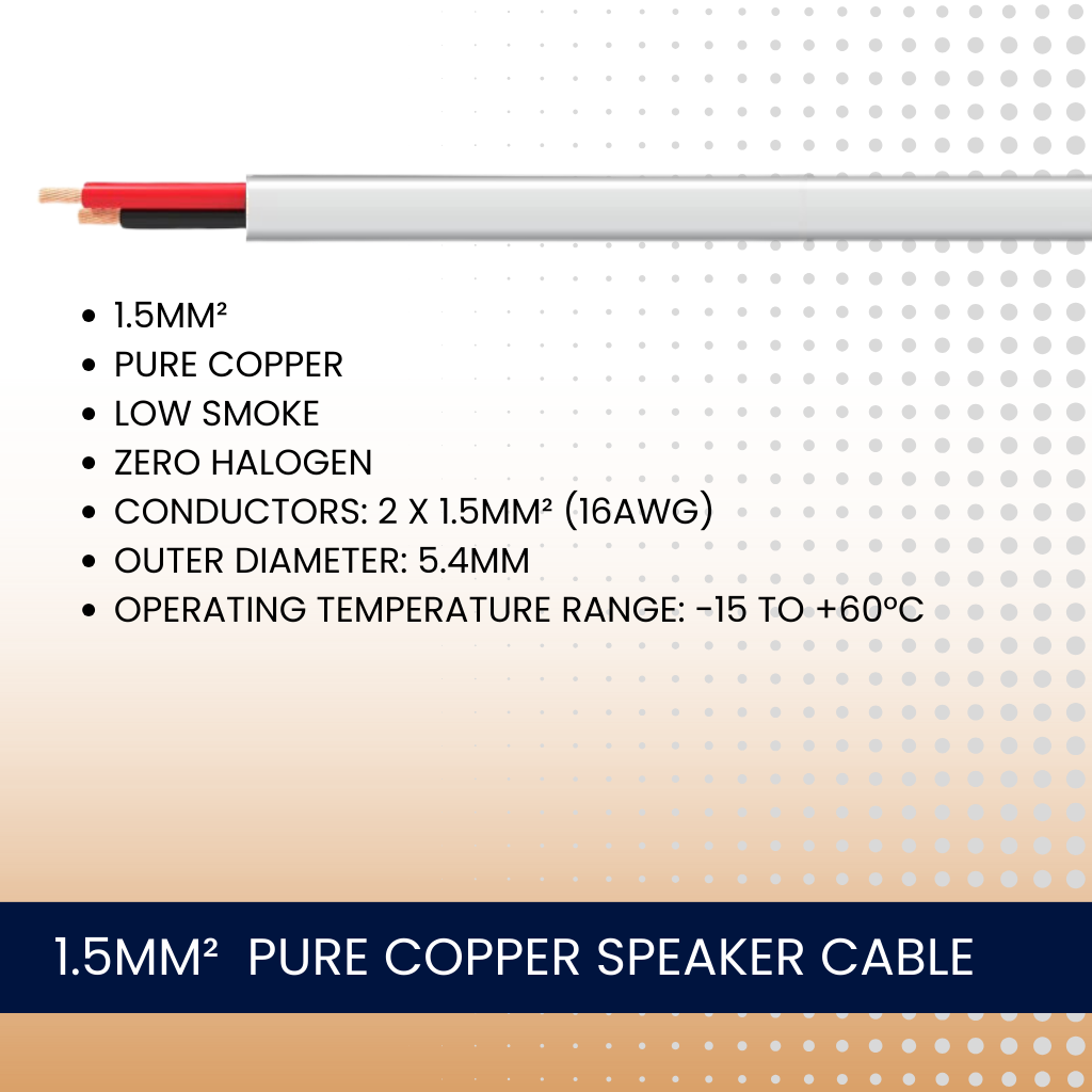 1.5mm² Pure Copper Low Smoke Zero Halogen 2 Core Speaker Cable (White)