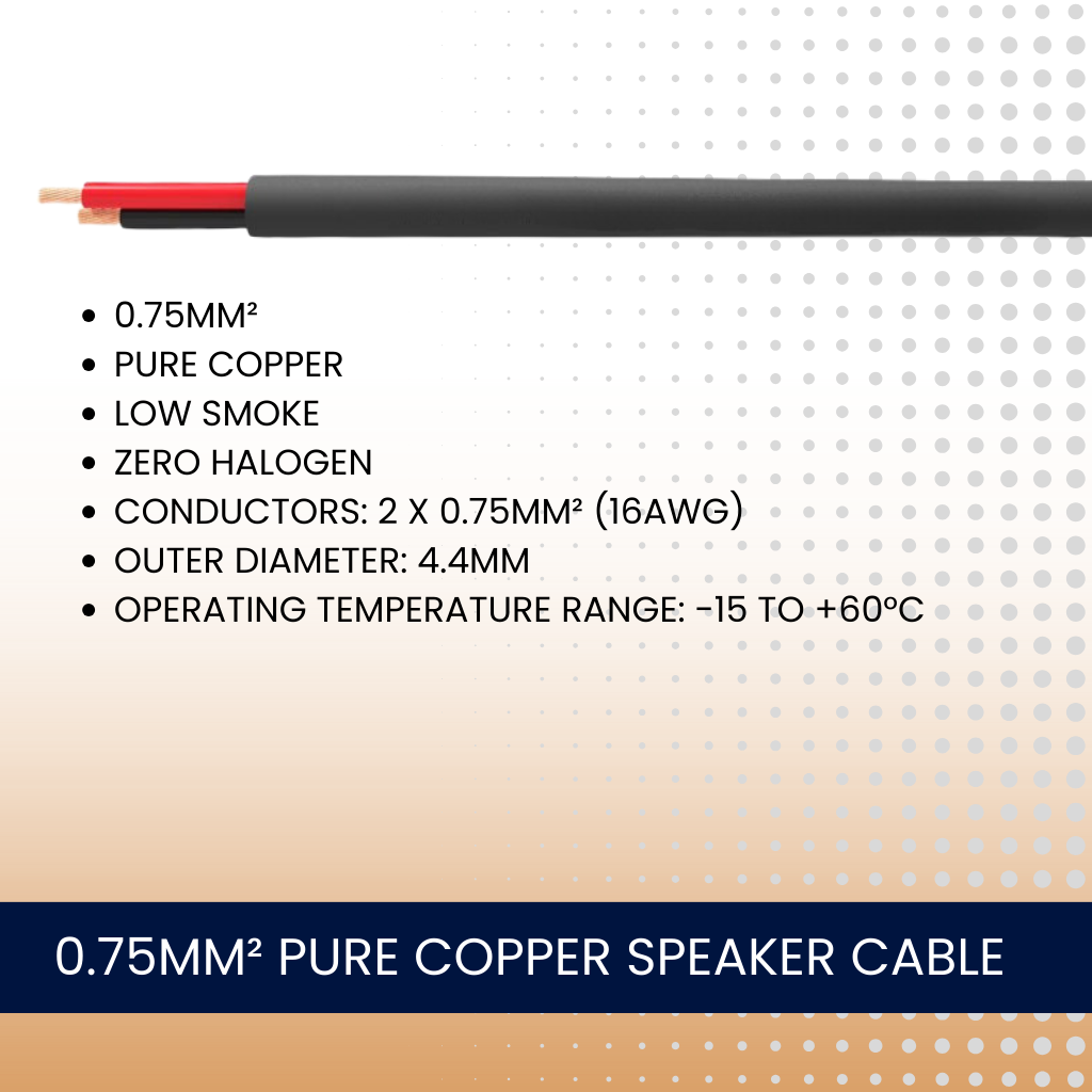 0.75mm² Pure Copper Low Smoke Zero Halogen 2 Core Speaker Cable (Black)