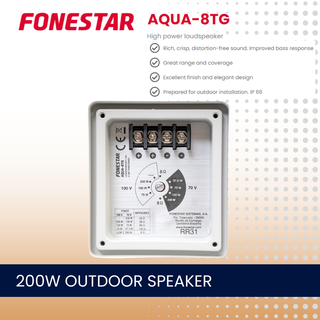 Fonestar AQUA-8TG 8" 200W 100V line transformer and low impedance high-power outdoor speaker