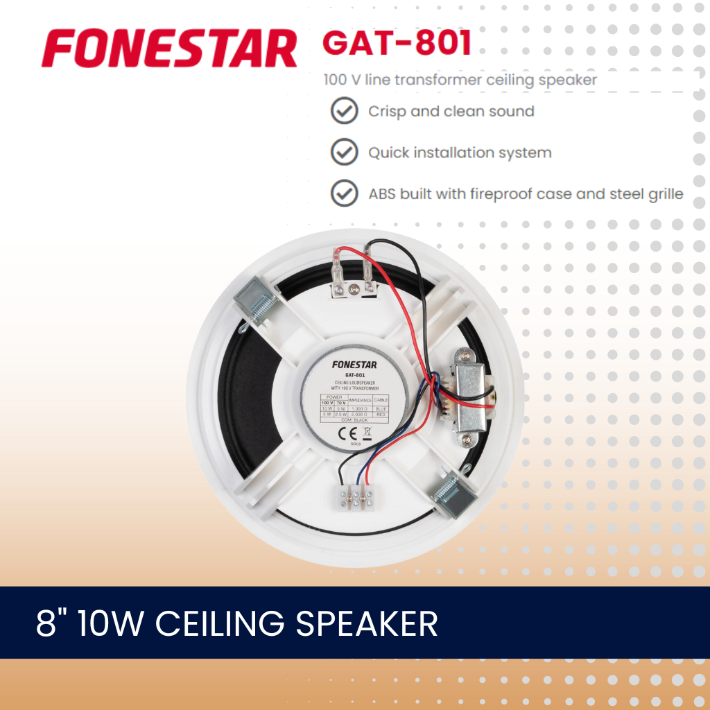 Fonestar GAT-801 8" 10W 100V line transformer ceiling speaker