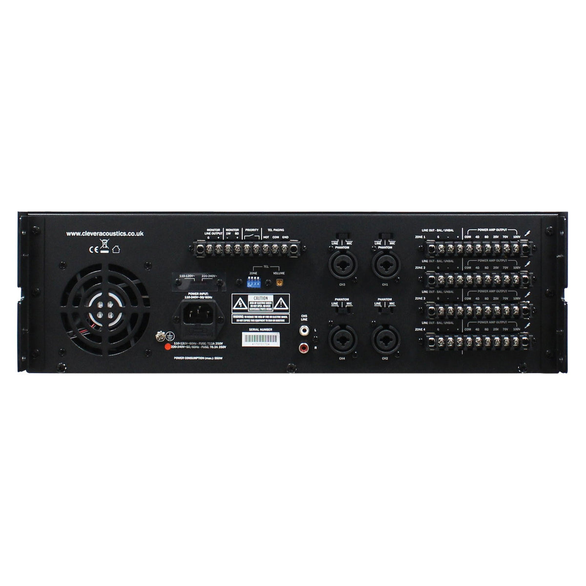 Clever Acoustics MA 4120 MKII 4-Zone Mixer Amplifier 4 x 120W 100V – rear panel connections