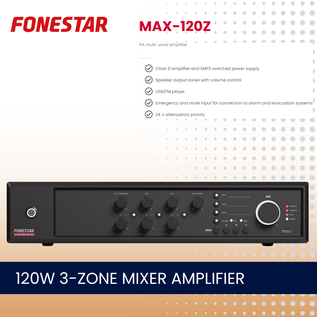 Fonestar MAX-120Z 120W 3-zone mixer amplifier with Bluetooth and media player