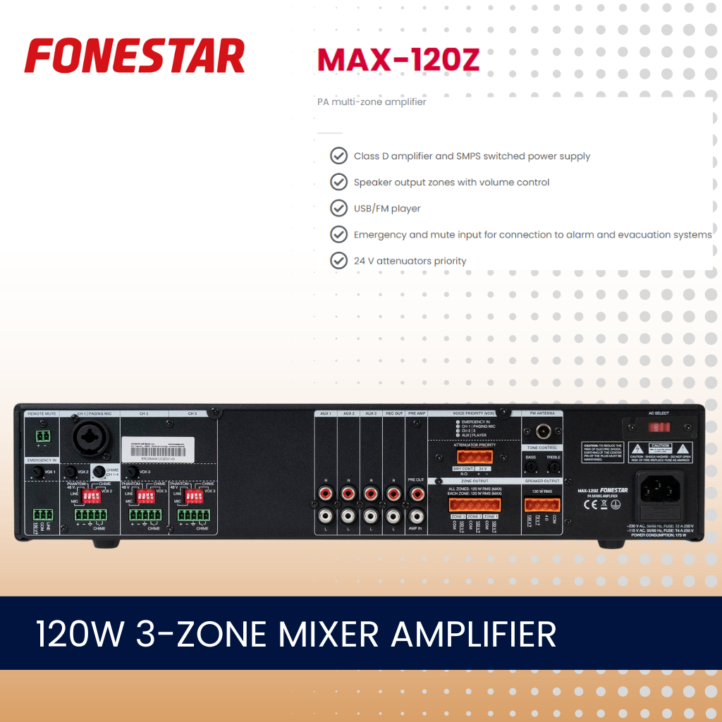 Fonestar MAX-120Z 120W 3-zone mixer amplifier with Bluetooth and media player