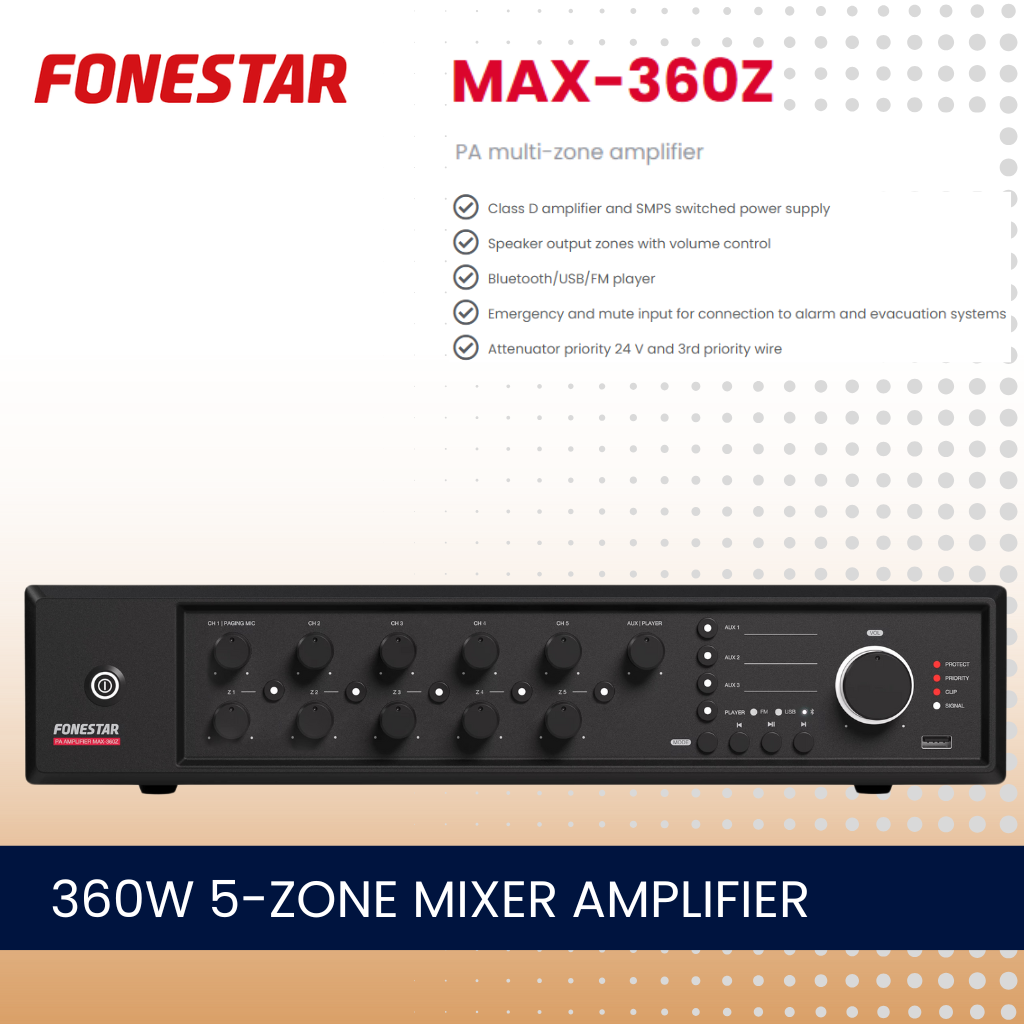 Fonestar MAX-360Z 360W 5-zone mixer amplifier with Bluetooth and media player