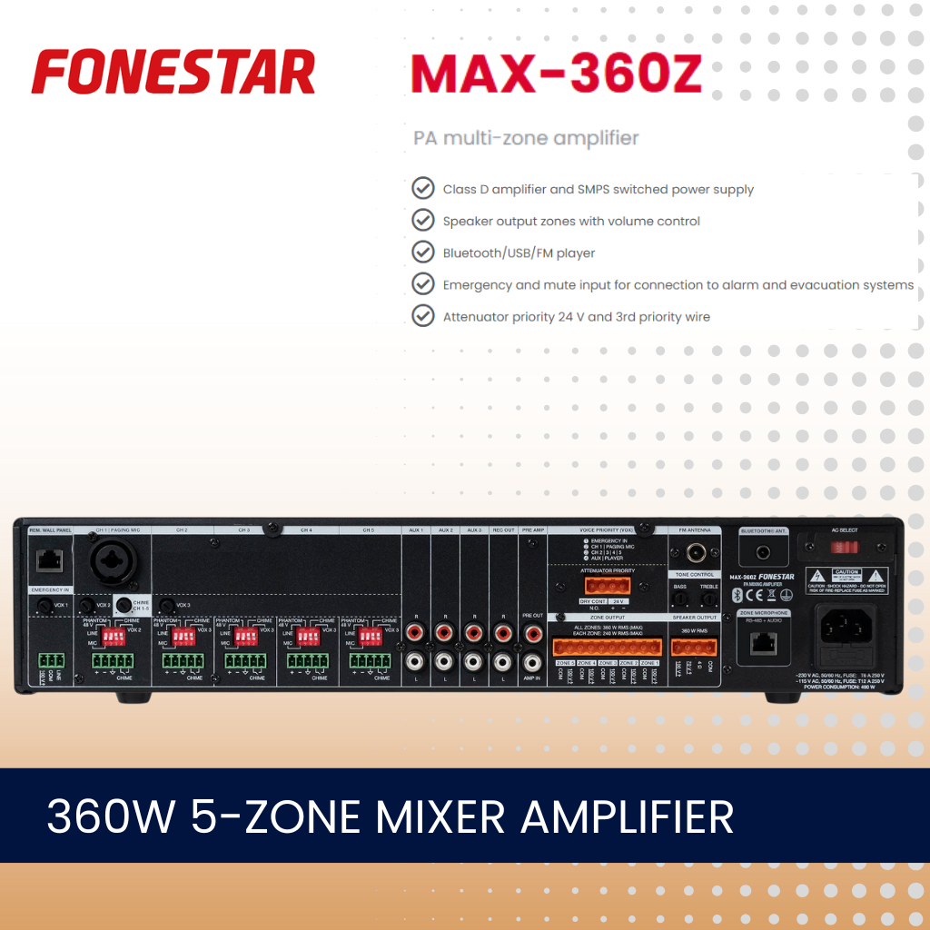 Fonestar MAX-360Z 360W 5-zone mixer amplifier with Bluetooth and media player
