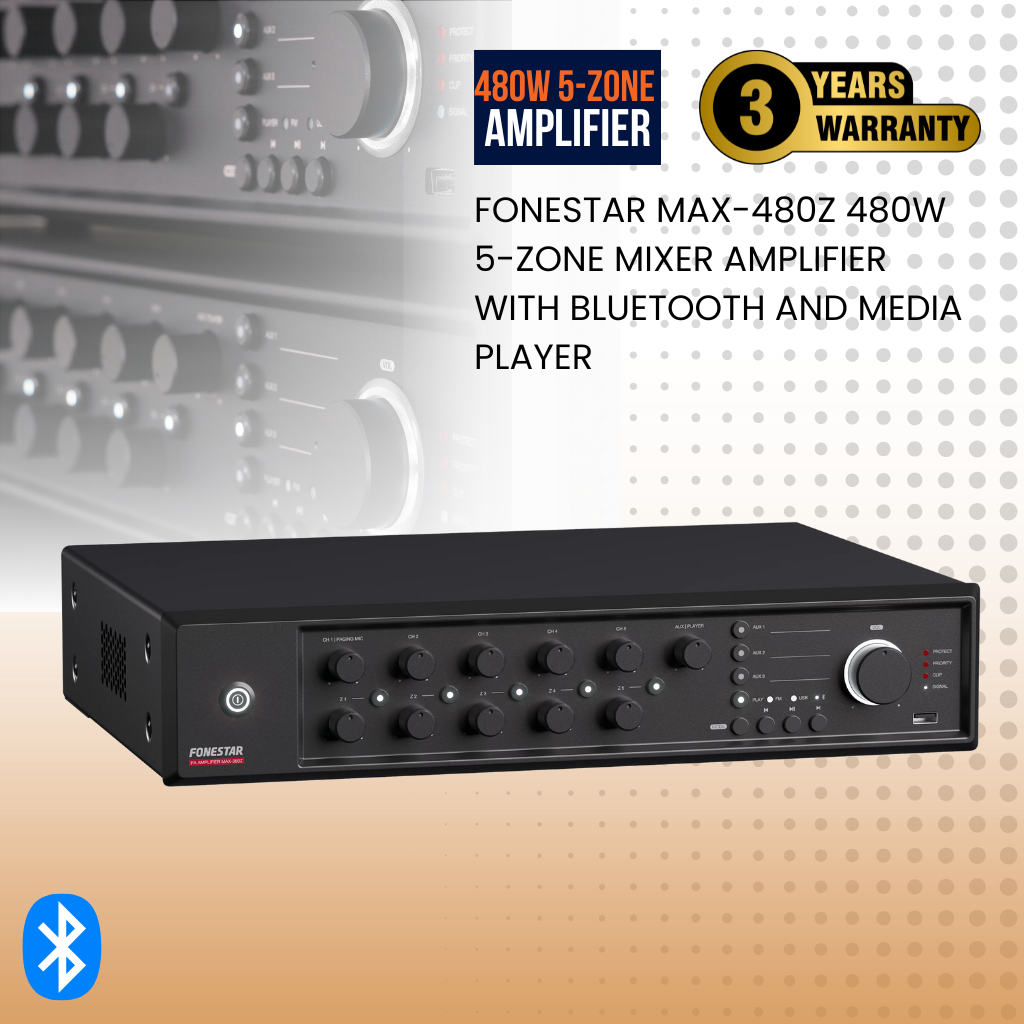 Fonestar MAX-480Z 480W 5-zone mixer amplifier with Bluetooth and media player