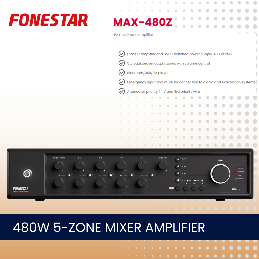 Fonestar MAX-480Z 480W 5-zone mixer amplifier with Bluetooth and media player