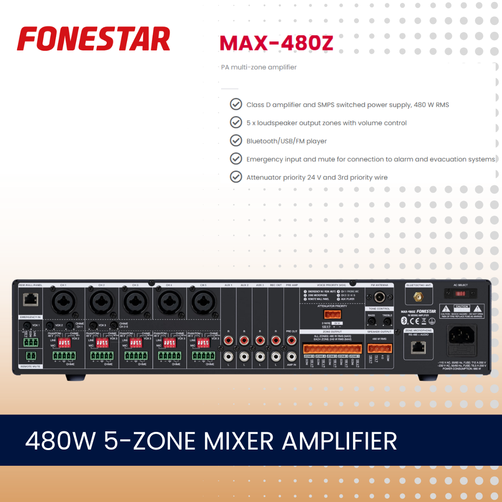 Fonestar MAX-480Z 480W 5-zone mixer amplifier with Bluetooth and media player