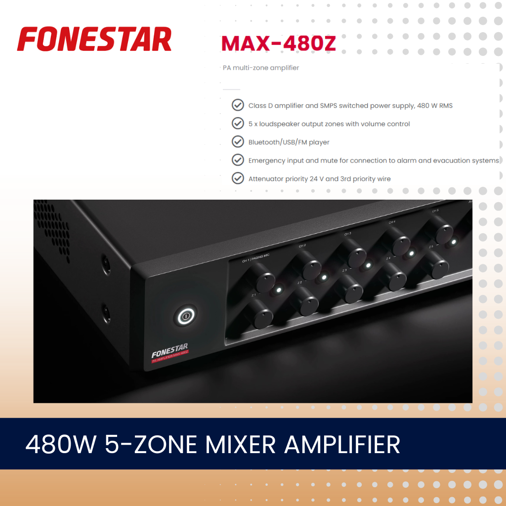 Fonestar MAX-480Z 480W 5-zone mixer amplifier with Bluetooth and media player