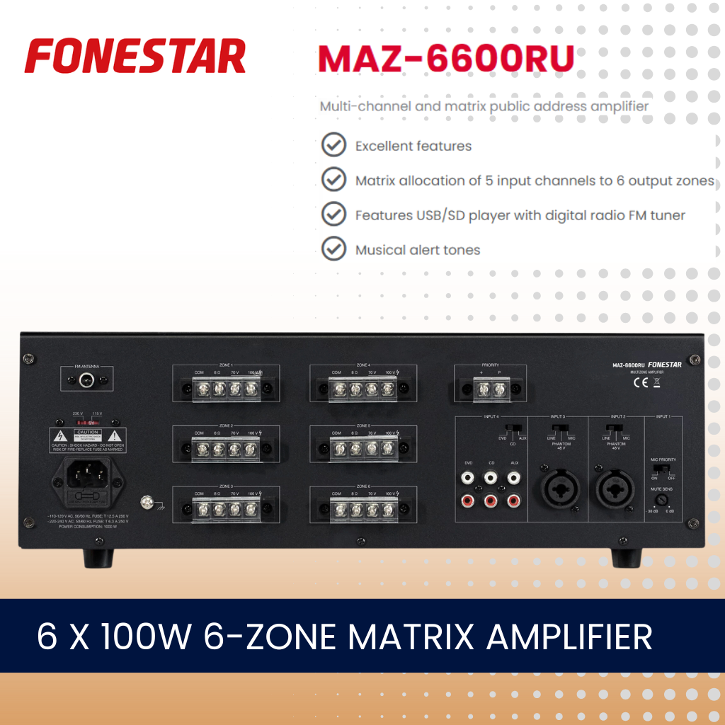 Fonestar MAZ-6600RU 6 x 100W 6-zone matrix amplifier