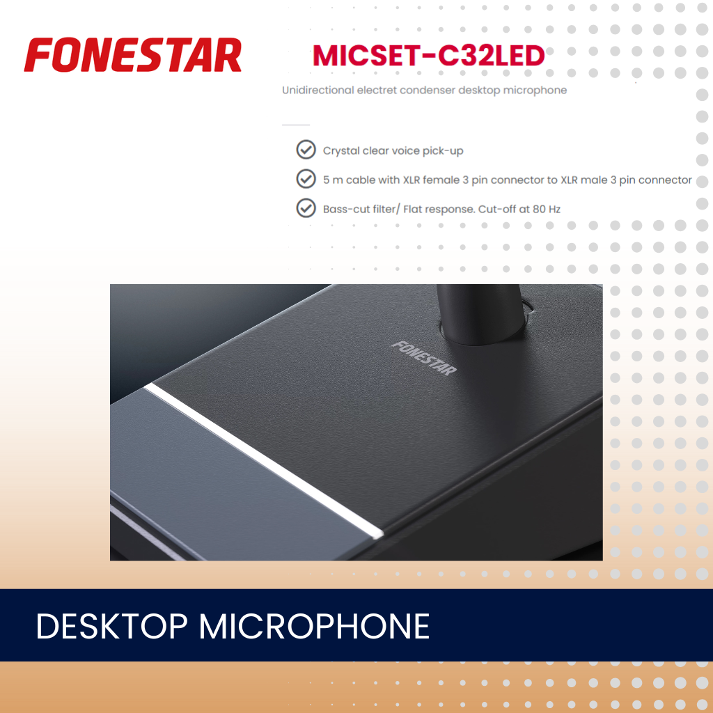 Fonestar MICSET-C32LED Unidirectional electret condenser desktop microphone, 3 pin XLR