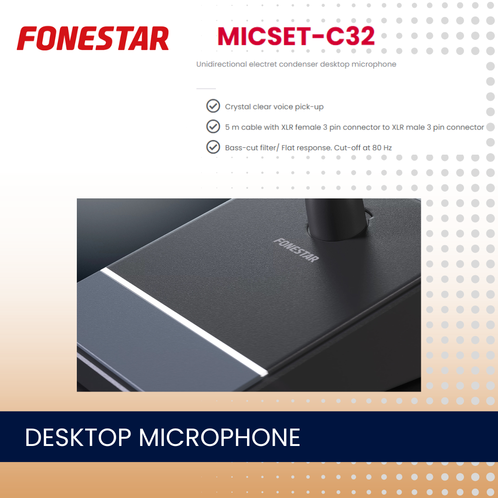 Fonestar MICSET-C32 Unidirectional electret condenser desktop microphone, 3 pin XLR