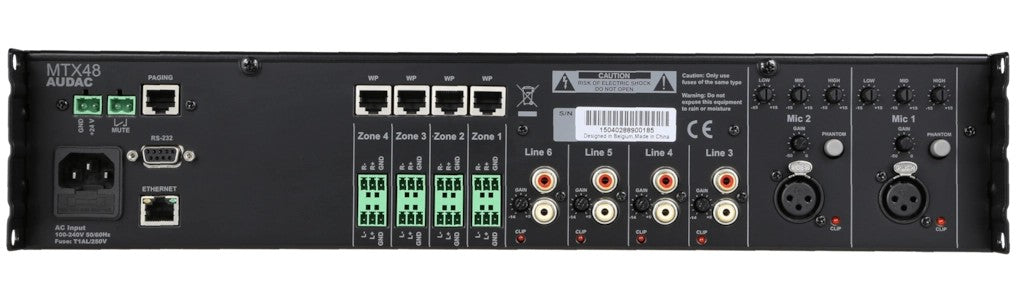 AUDAC MTX48 4-Zone audio matrix – rear panel