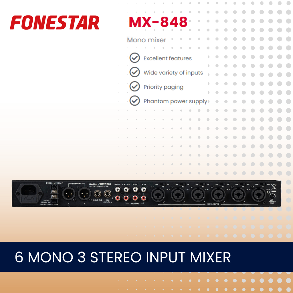 Fonestar MX-848 6 mono 3 stereo input mixer