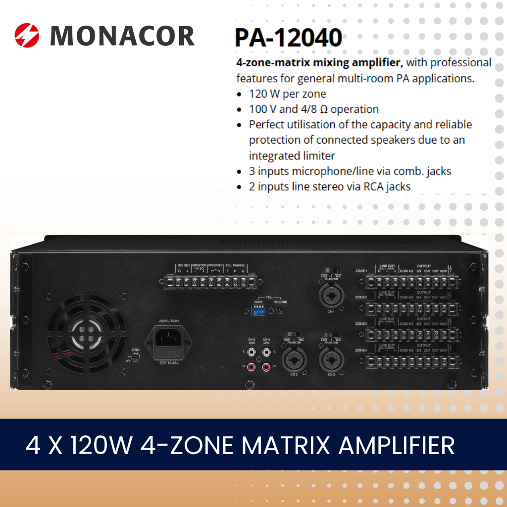 Monacor PA-12040 4 x 120W 4-zone matrix amplifier