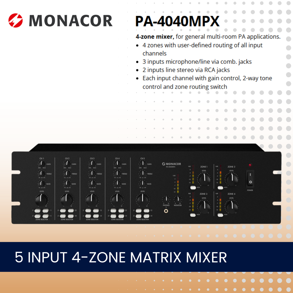 Monacor PA-4040MPX 5 input 4-zone matrix mixer