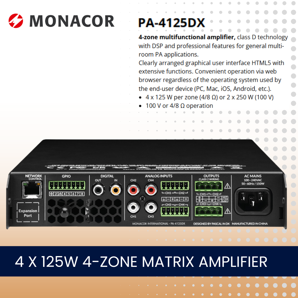 Monacor PA-4125DX 4 x 125W 4-zone matrix amplifier with software control