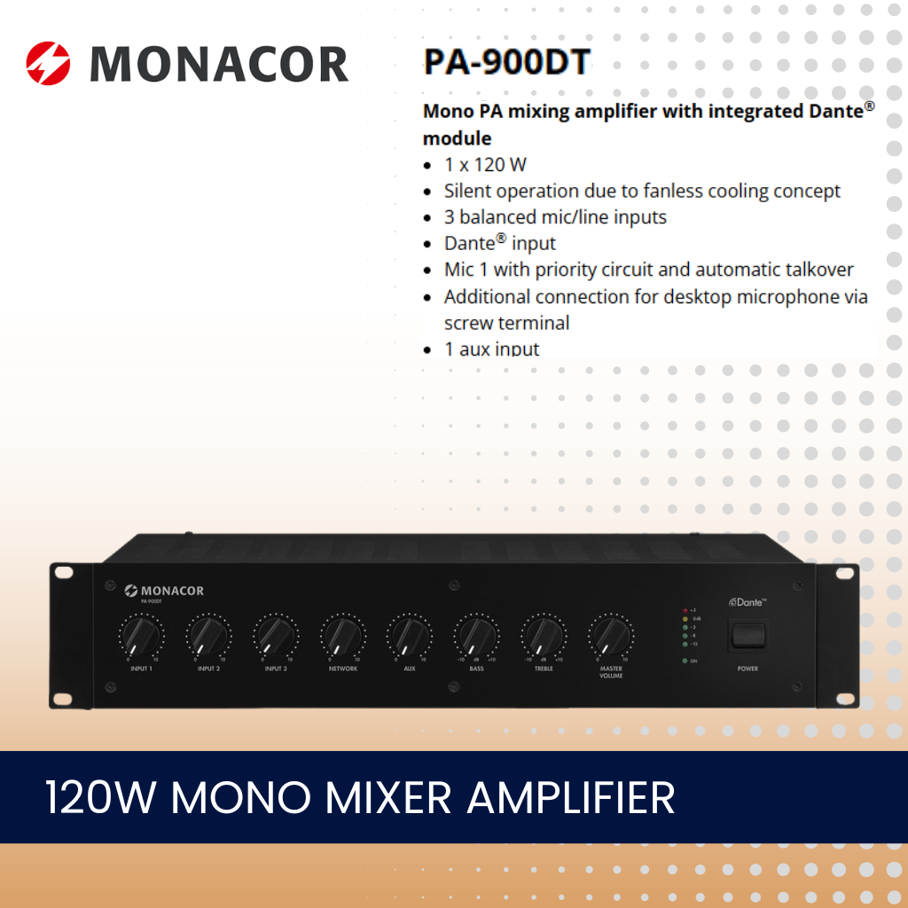 Monacor PA-900DT 120W mono DANTE mixer amplifier