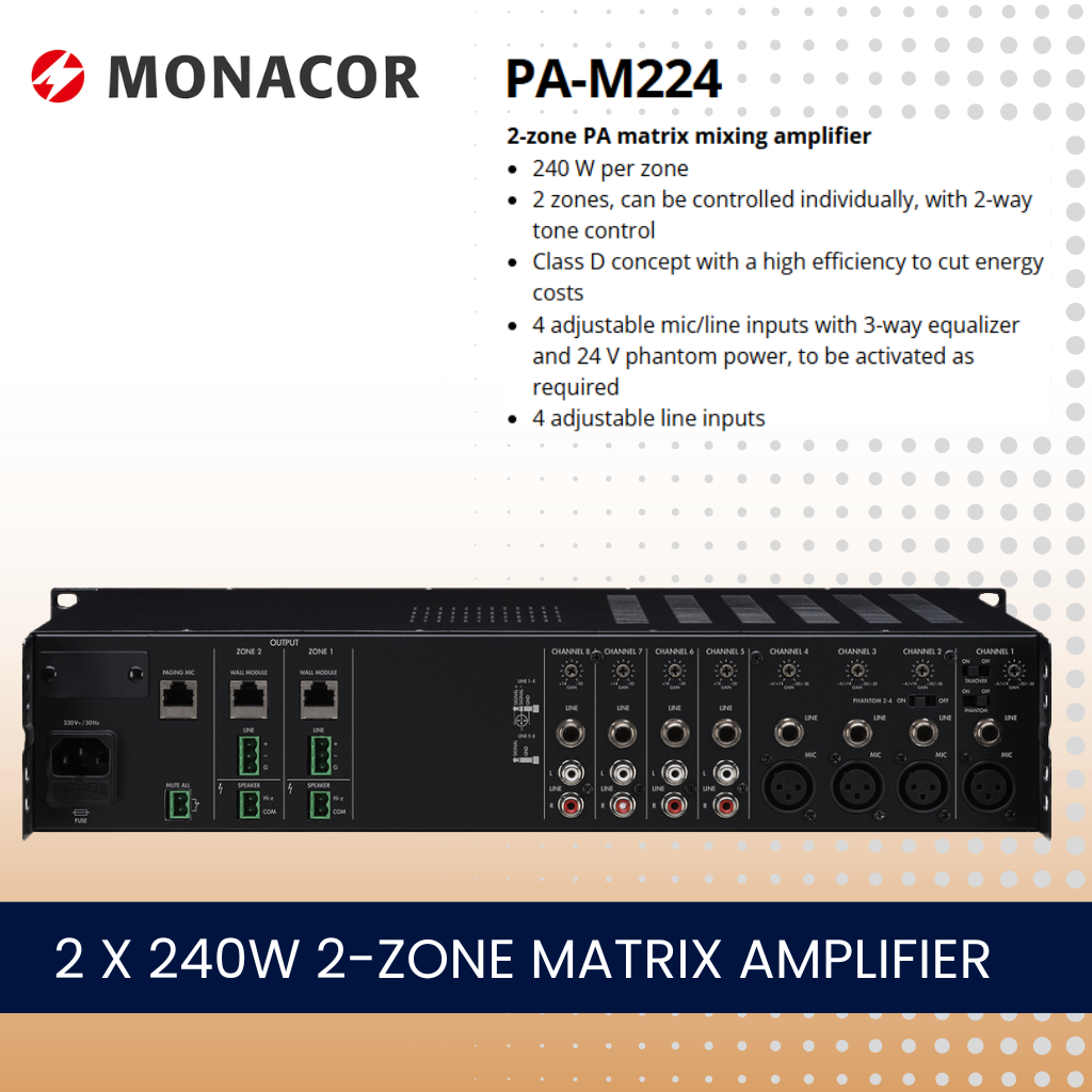Monacor PA-M224 2 x 240W 2-zone matrix amplifier