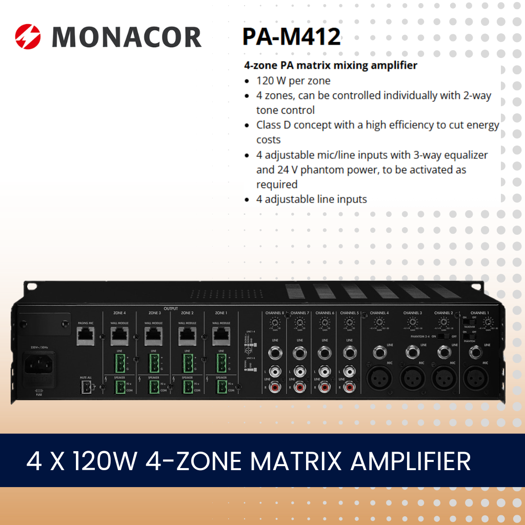 Monacor PA-M412 4 x 120W 4-zone matrix amplifier