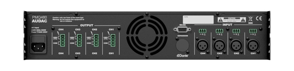 AUDAC PMQ480 WaveDynamics 100V 4-channel power amplifier 4 x 480W – rear panel