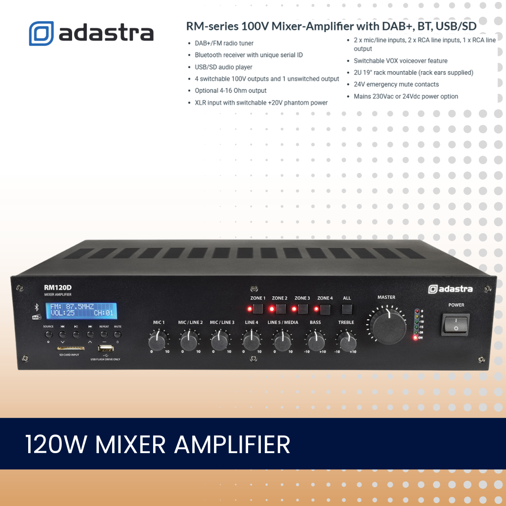Adastra RM120D 120W single zone mixer amplifier With Bluetooth