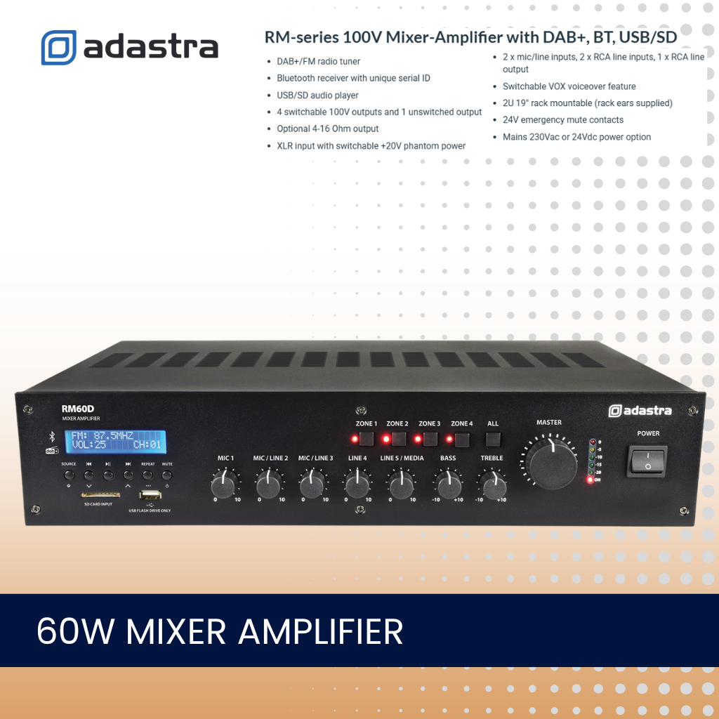 Adastra RM60D 60W single zone mixer amplifier With Bluetooth
