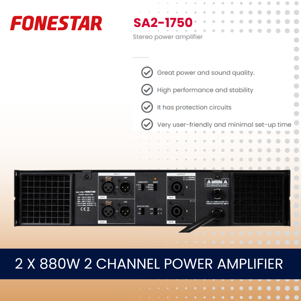 Fonestar SA2-1750 2 x 880W 2 channel low impedance power amplifier