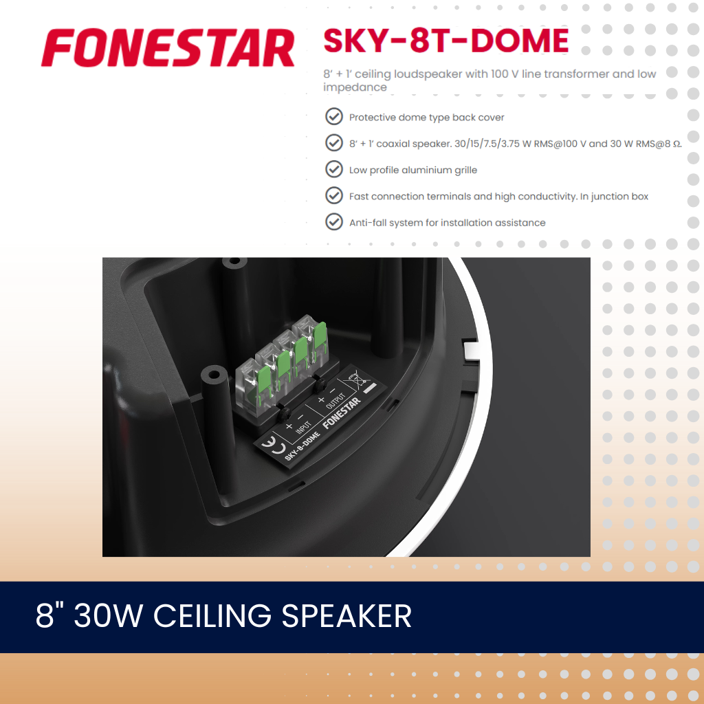 Fonestar SKY-8T-DOME 8" 30W 100V line transformer and low impedance ceiling speaker