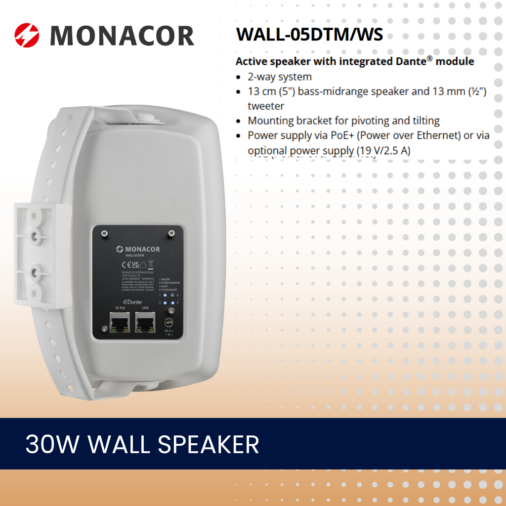 Monacor WALL-05DTM/WS 5" 30W DANTE wall speaker