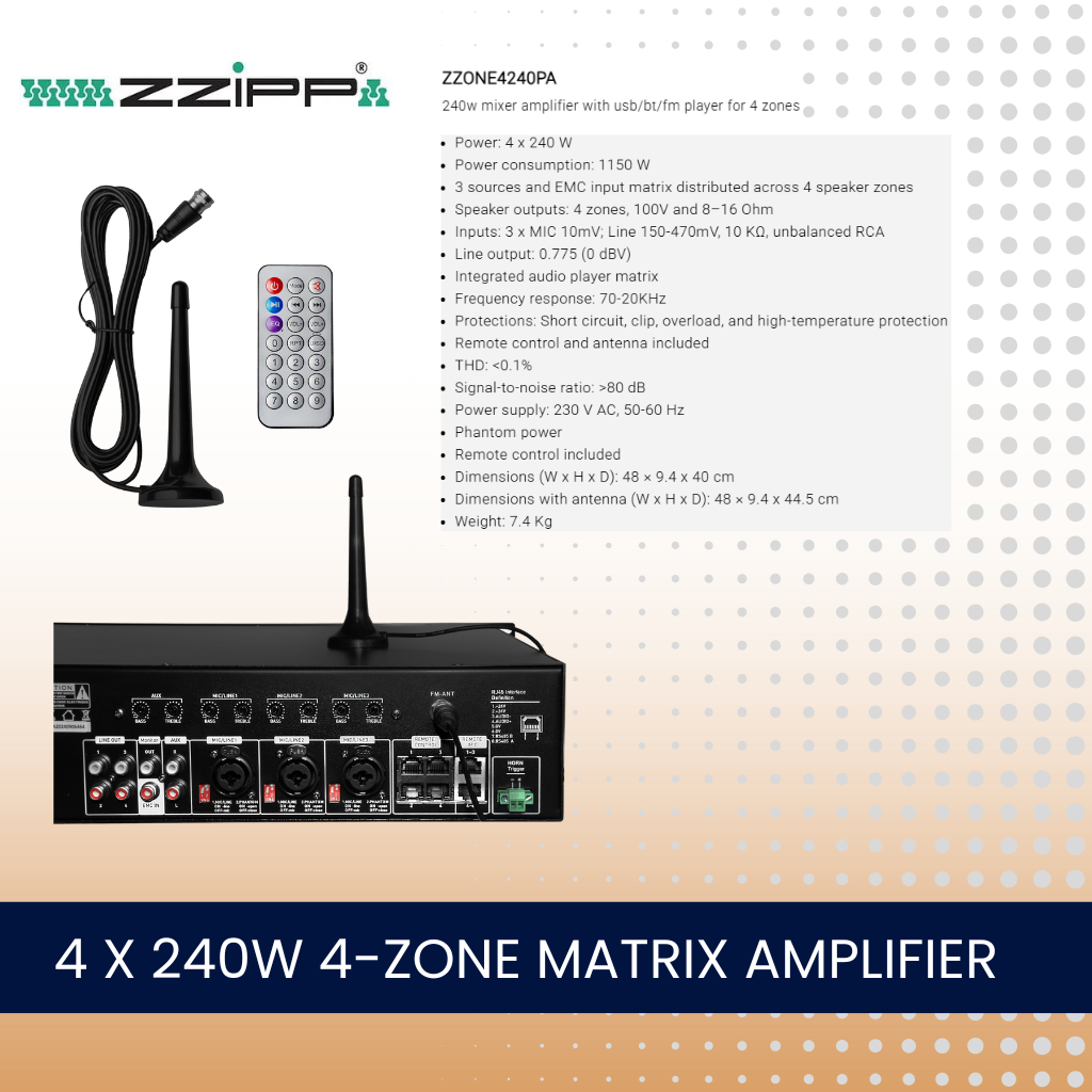 ZZiPP ZZONE4240PA 4 x 240W 4 zone matrix amplifier With Bluetooth and media player