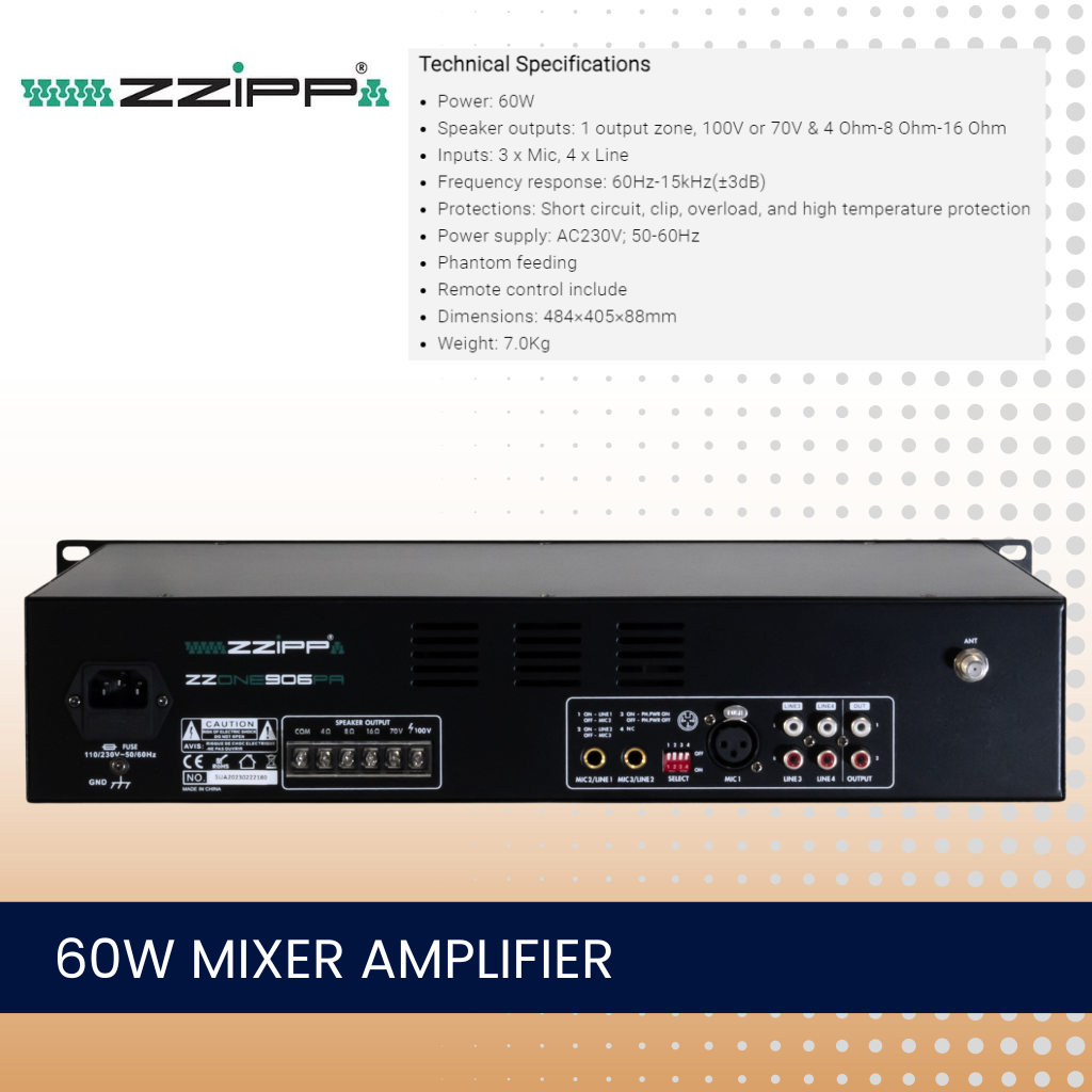 ZZiPP ZZONE906PA 60W single zone mixer amplifier With Bluetooth