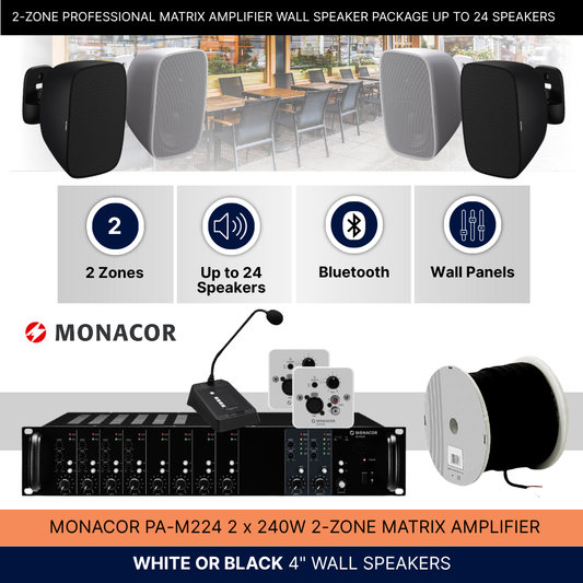 2-Zone Professional Matrix Amplifer Wall Speaker Package Up To 24 Speakers Background Music System