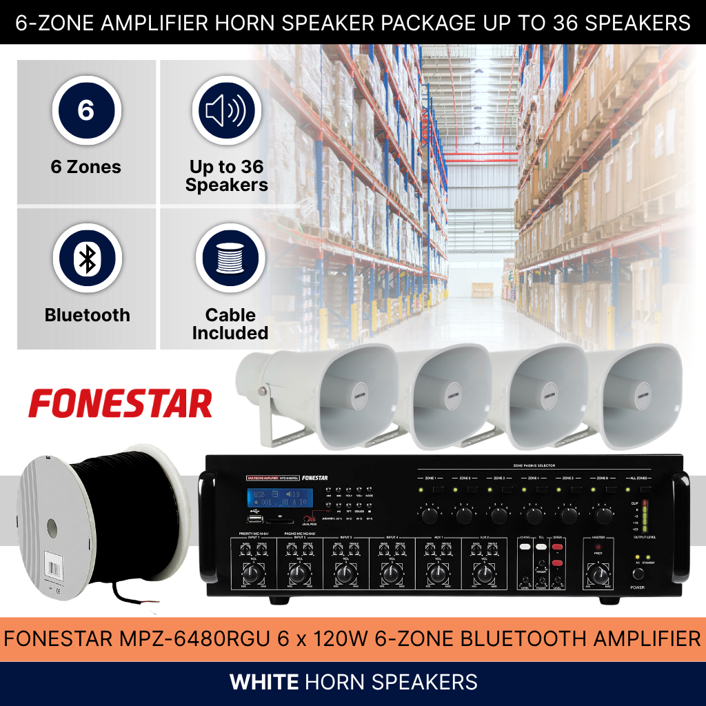 6-Zone Amplifier Horn Speaker Package Up To 36 Speakers