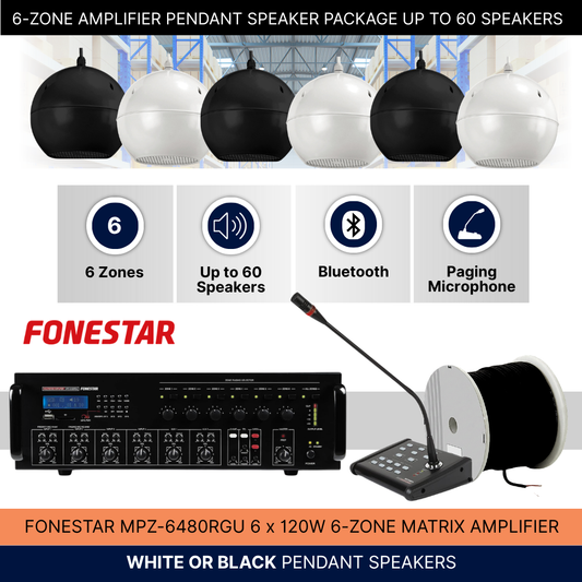 6-Zone Amplifier Pendant Speaker Package Up To 60 Speakers Background Music System