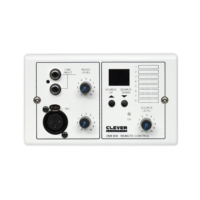 Clever Acoustics ZM 8 BW wall plate (white) – front view showing line input, XLR mic input with level controls, LED source display, source up/down buttons and source level control