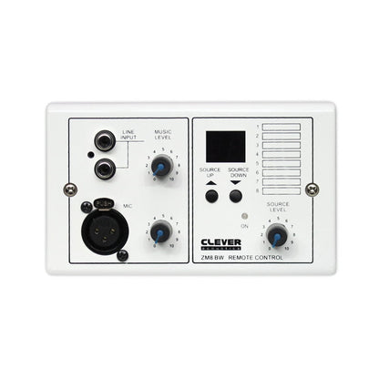 Clever Acoustics ZM 8 BW wall plate (white) – front view showing line input, XLR mic input with level controls, LED source display, source up/down buttons and source level control