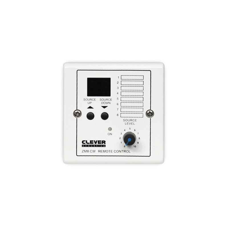 Clever Acoustics ZM 8 CW wall plate (white) – front view showing LED source display, source up/down buttons and source level control
