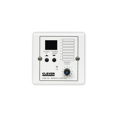 Clever Acoustics ZM 8 CW wall plate (white) – front view showing LED source display, source up/down buttons and source level control