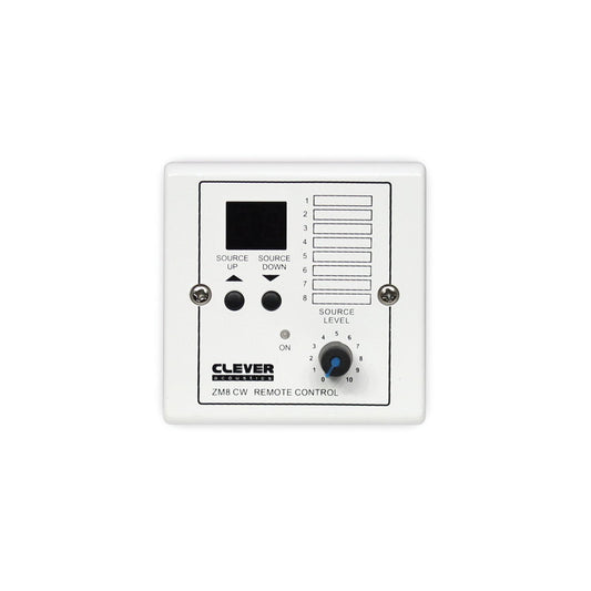 Clever Acoustics ZM 8 CW wall plate (white) – front view showing LED source display, source up/down buttons and source level control