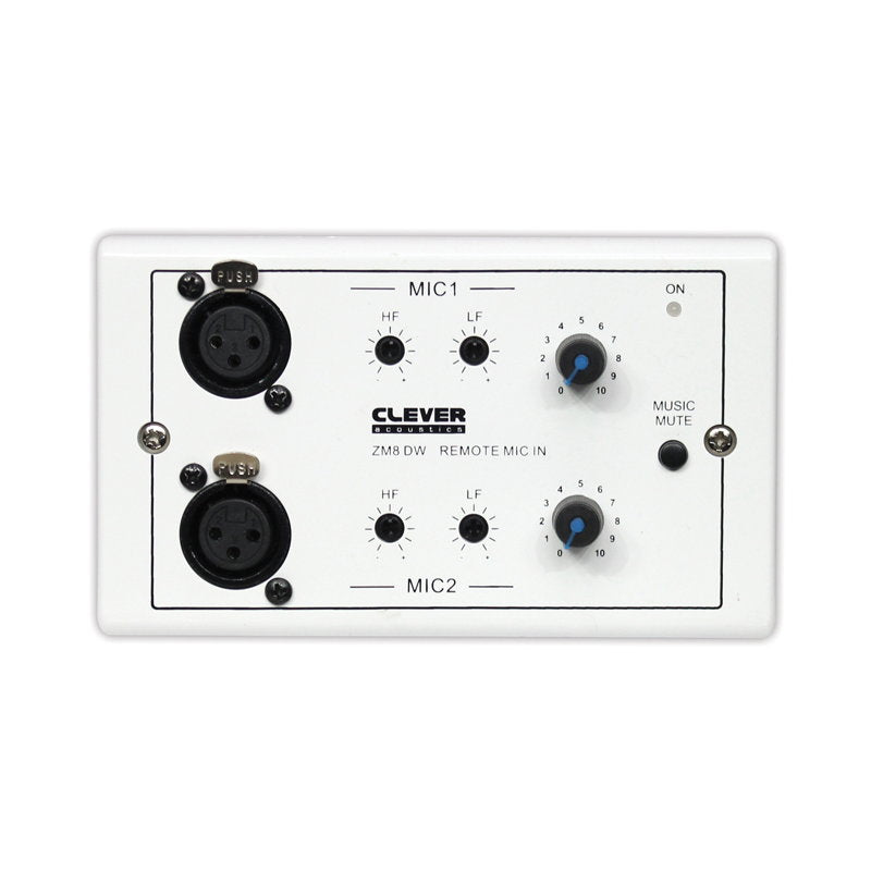Clever Acoustics ZM 8 DW wall plate (white) – front view showing two XLR mic inputs with HF, LF and level controls and music mute indicator
