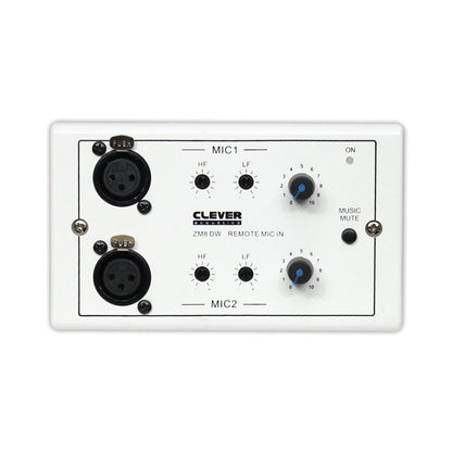 Clever Acoustics ZM 8 DW wall plate (white) – front view showing two XLR mic inputs with HF, LF and level controls and music mute indicator