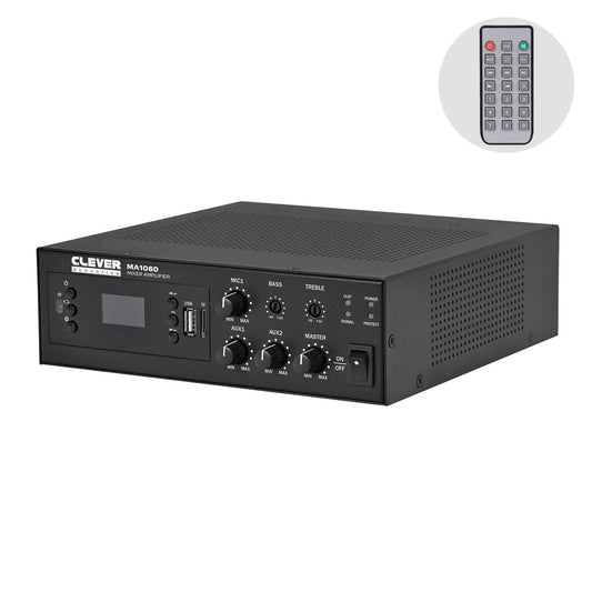 Clever Acoustics MA1060 60W 100V Mixer Amplifier with MP3, Bluetooth and FM Radio – front view with IR remote control