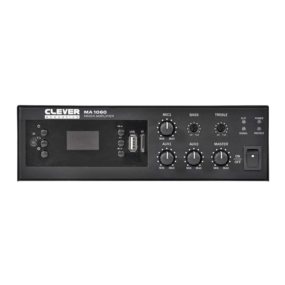 Clever Acoustics MA1060 60W 100V Mixer Amplifier with MP3, Bluetooth and FM Radio – front panel