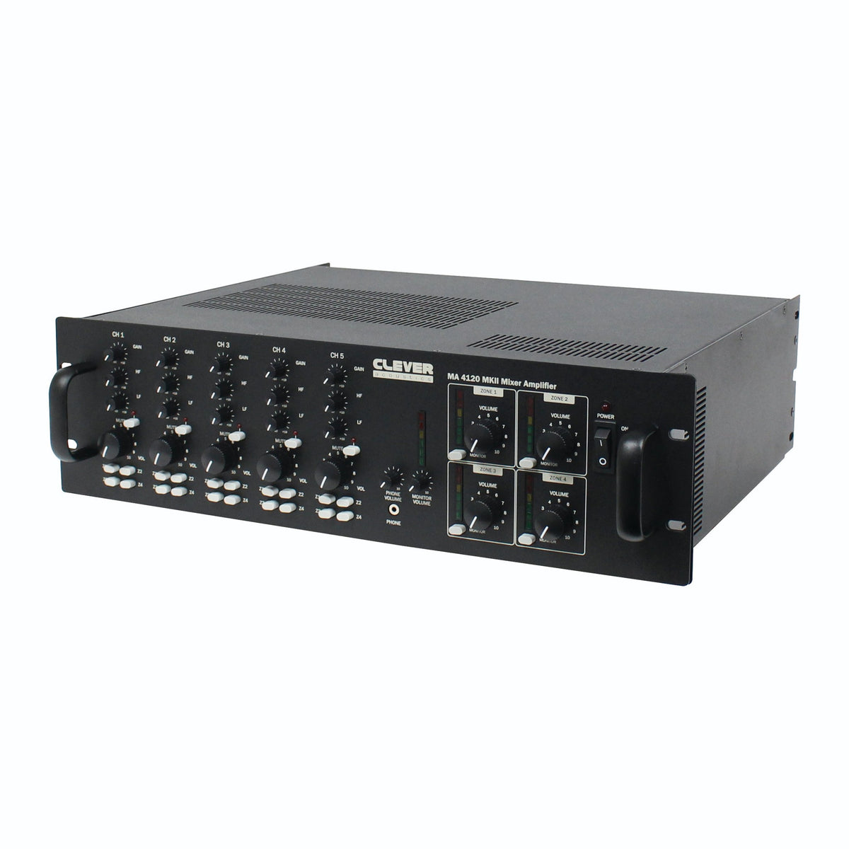 Clever Acoustics MA 4120 MKII 4-Zone Mixer Amplifier 4 x 120W 100V – angled front view
