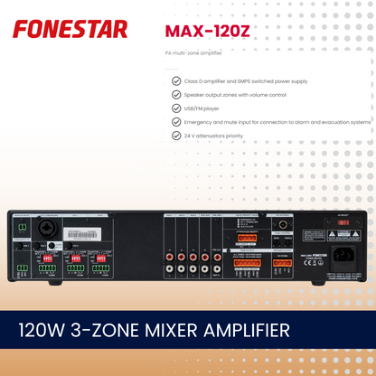 Fonestar MAX-120Z 120W 3-zone mixer amplifier with Bluetooth and media player