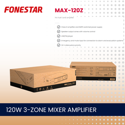 Fonestar MAX-120Z 120W 3-zone mixer amplifier with Bluetooth and media player