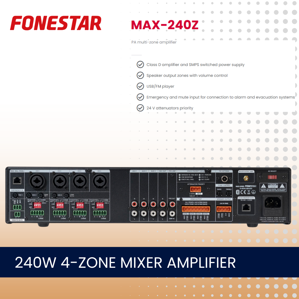 Fonestar MAX-240Z 240W 4-zone mixer amplifier with Bluetooth and media player