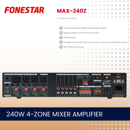 Fonestar MAX-240Z 240W 4-zone mixer amplifier with Bluetooth and media player