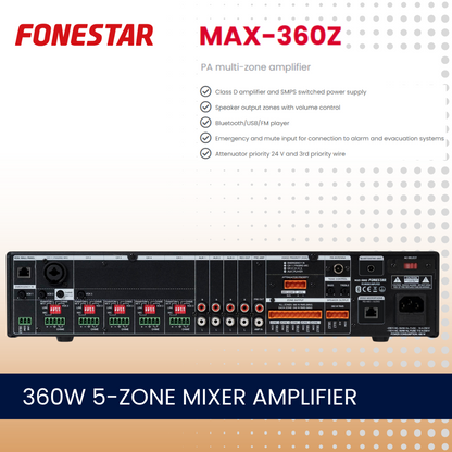 Fonestar MAX-360Z 360W 5-zone mixer amplifier with Bluetooth and media player